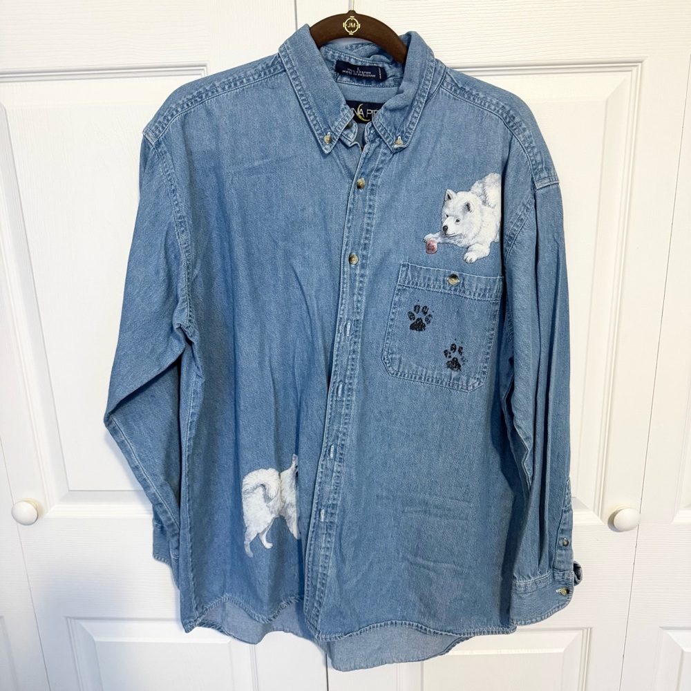 Vintage Luna Pier Denim Blue Shirt with Husky Dog Animal Design LARGE